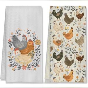 NWT Set of 2 - Chicken Themed Kitchen Dish Hand Towels 24" x 16"